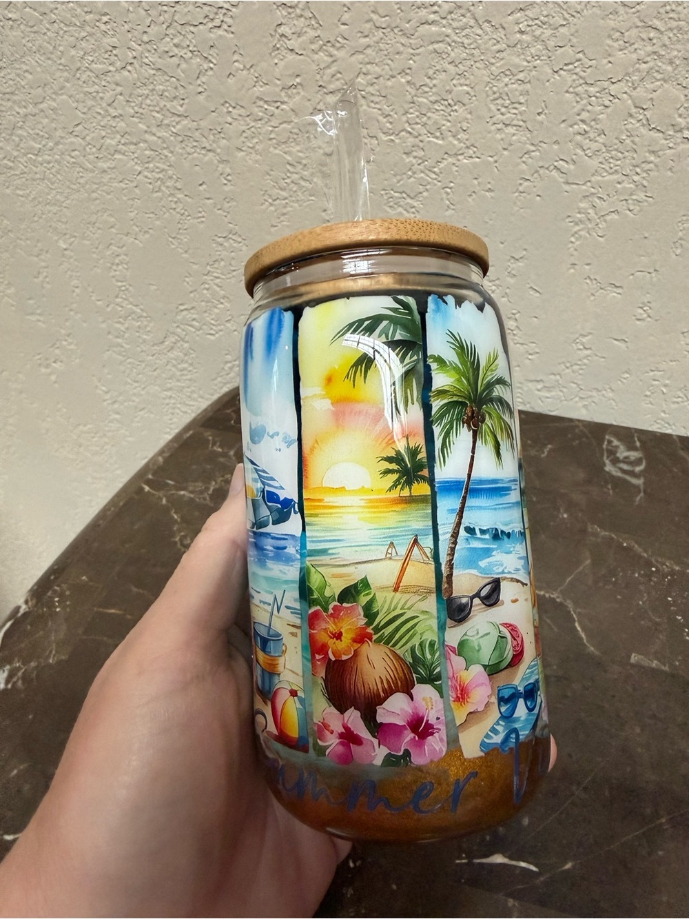 Summer Vibes Ocean Water Beach Scene 12 oz Glass Cup Handmade